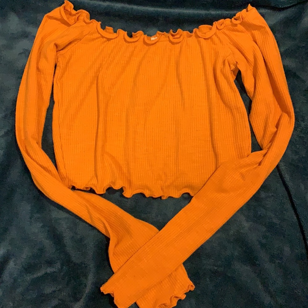 Garage Ribbed Off Shoulder Mustard Crop Top SMALL